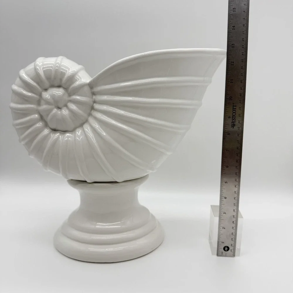 Vintage White Iridescent Ceramic Nautilus Seashell Footed Planter Vase